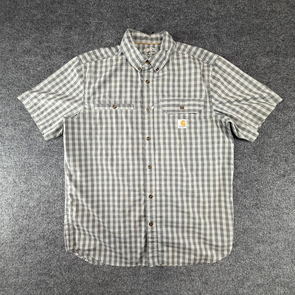 Carhartt Force Shirt Mens Large Gray Check Short Sleeve Button Up Workwear